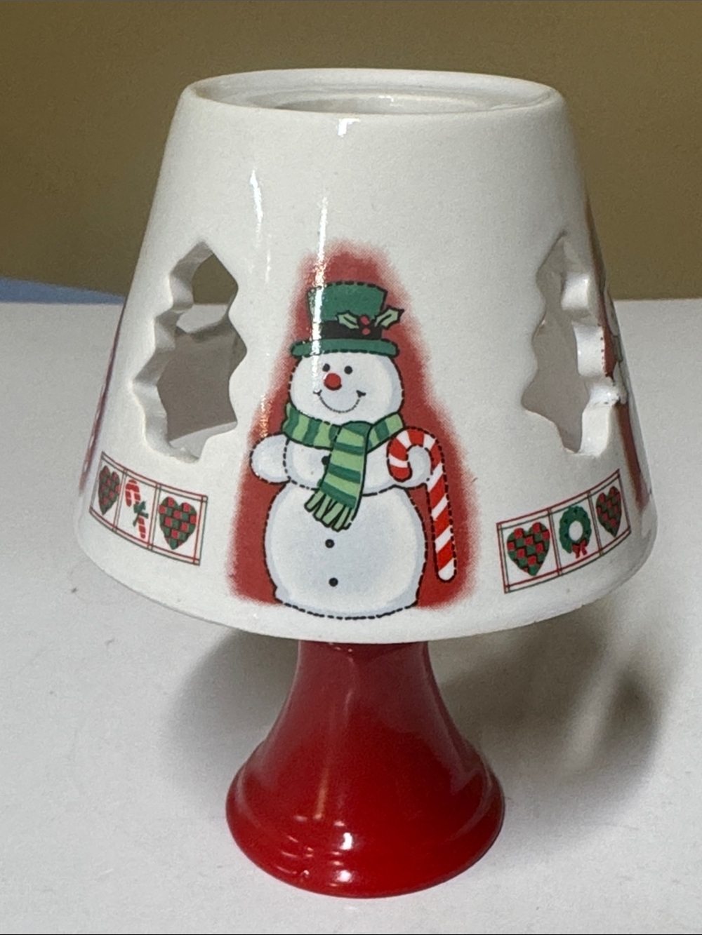 Fairy Lamp Holiday Snowman Ceramic Candle Holder - White and Red